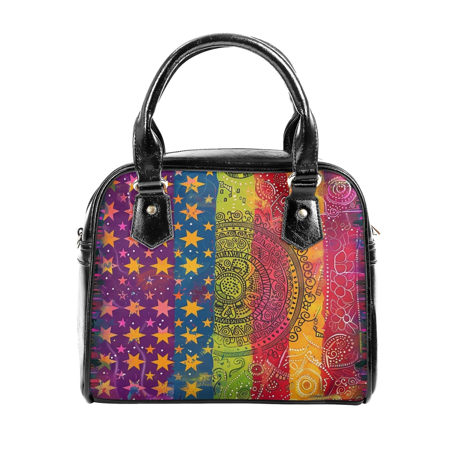 Rainbow pride mandala handbag with colorful stripes, stars, paisley accents, and black handles, front view