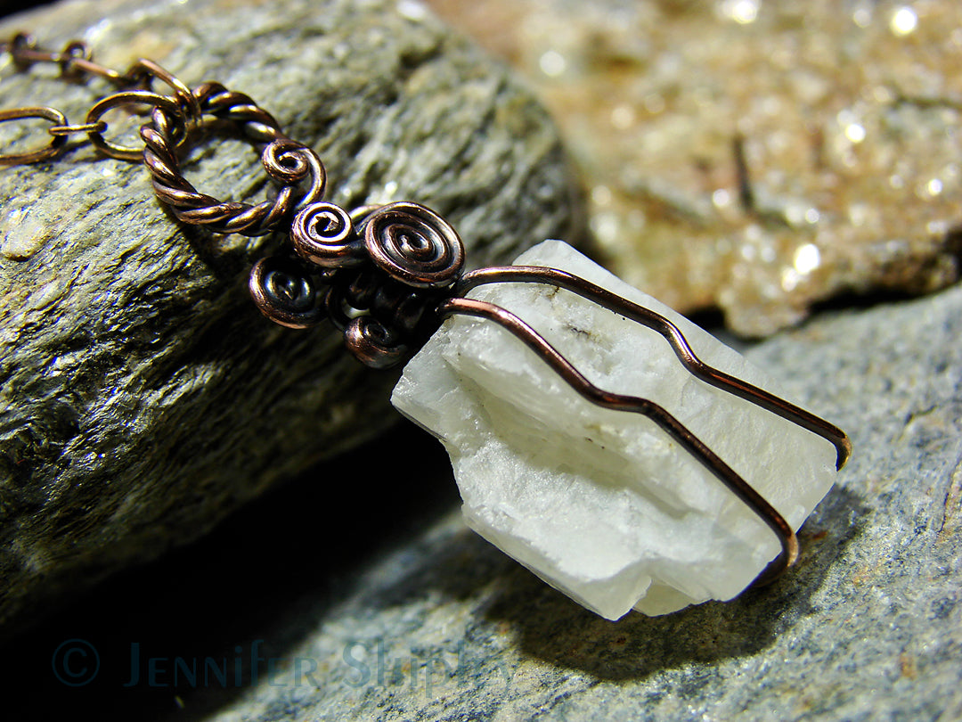 Handmade white moonstone crystal pendant in pure copper