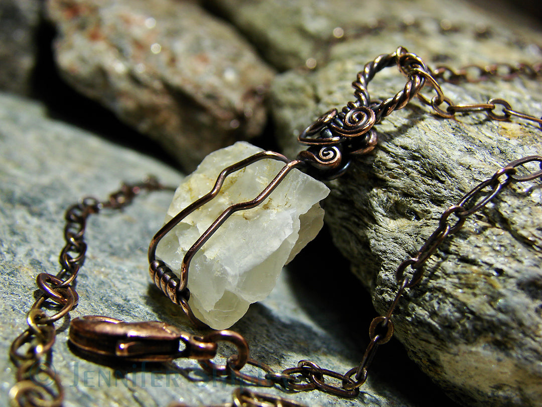 Adjustable moonstone pendant necklace with antiqued copper chain