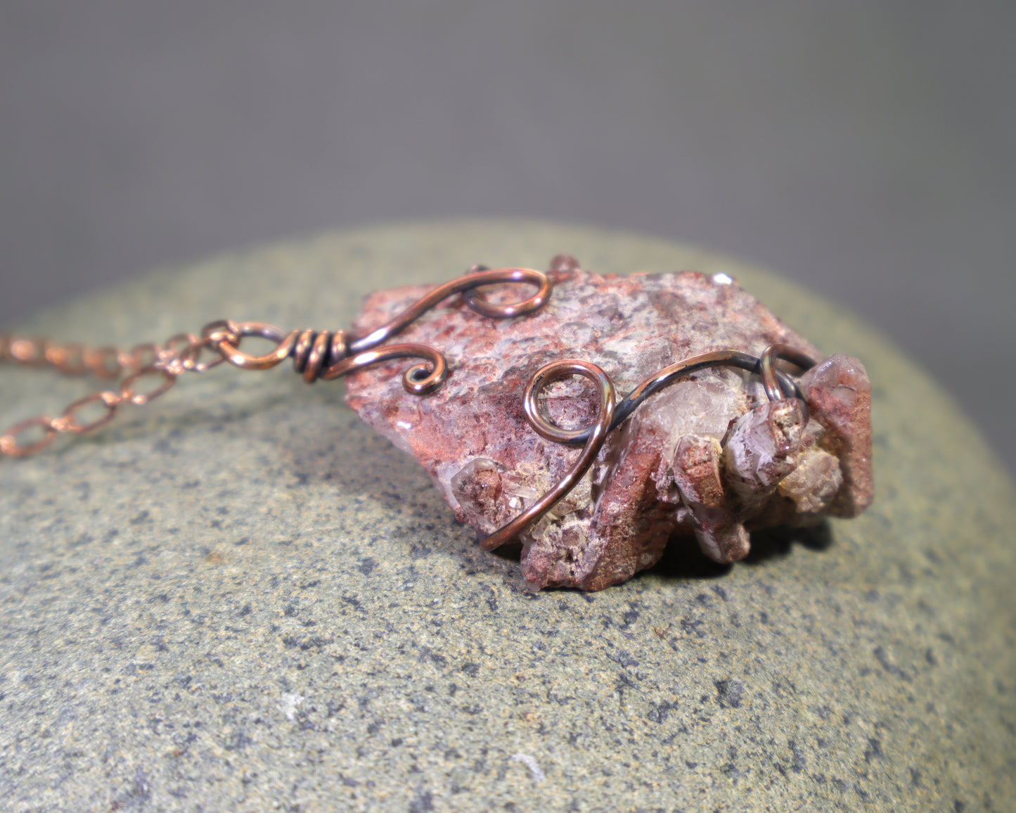 Hematoid quartz crystal cluster necklace with natural phantom formations