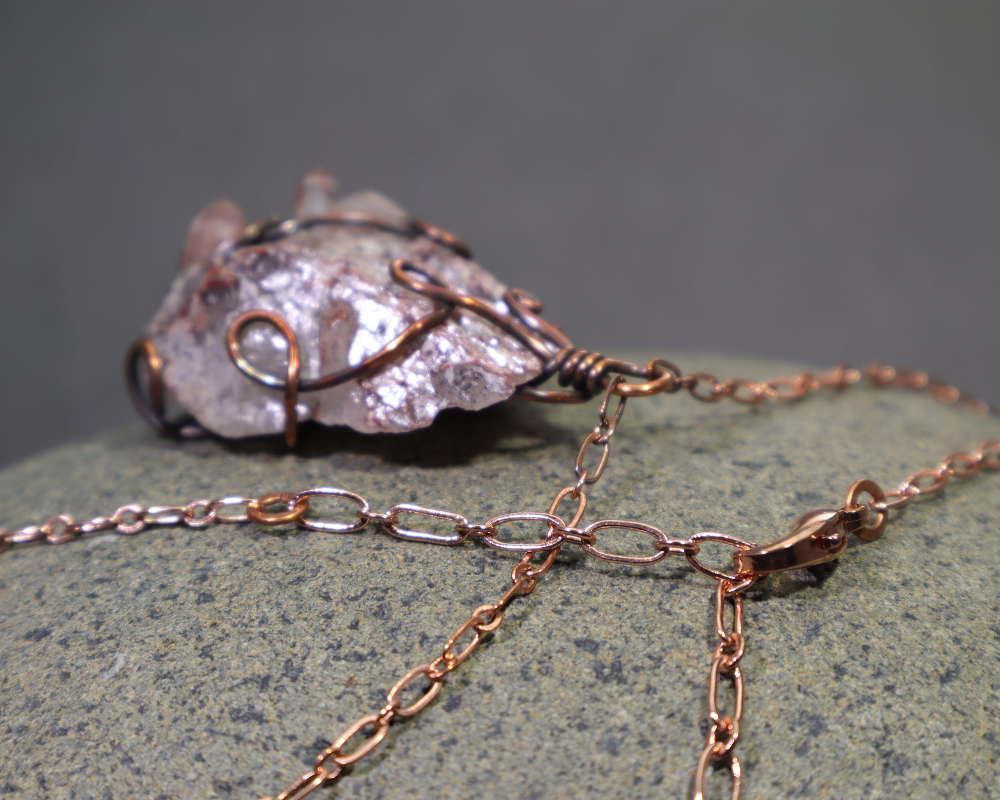 Wire wrapped red phantom quartz gemstone necklace with copper chain