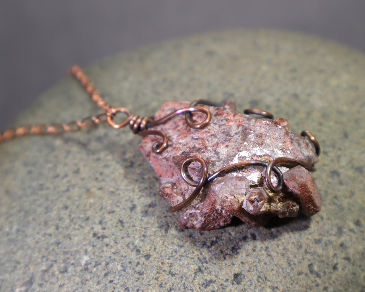 Red phantom quartz crystal cluster necklace wire wrapped in copper