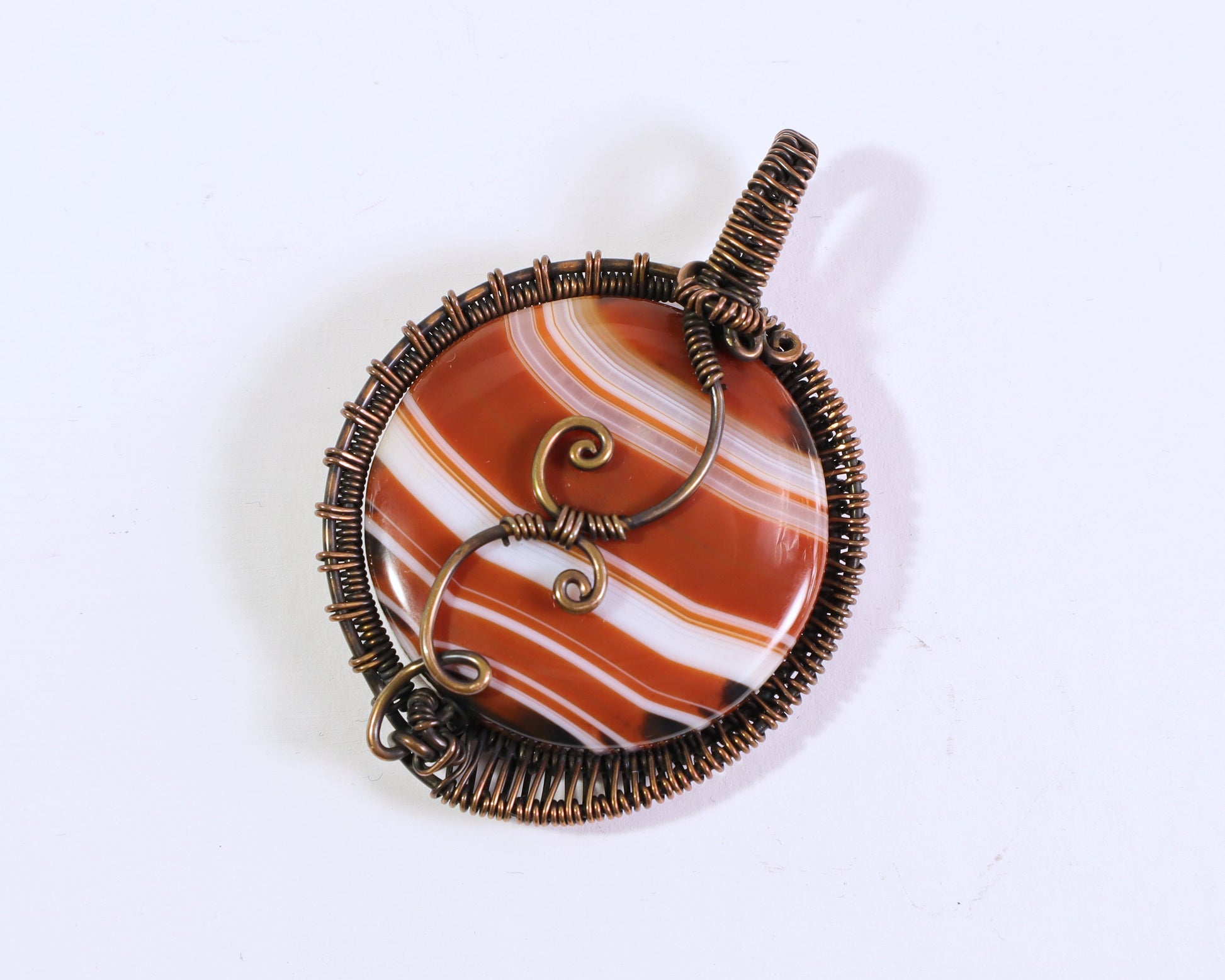 Sardonyx wire wrapped pendant with Art Nouveau copper wire design