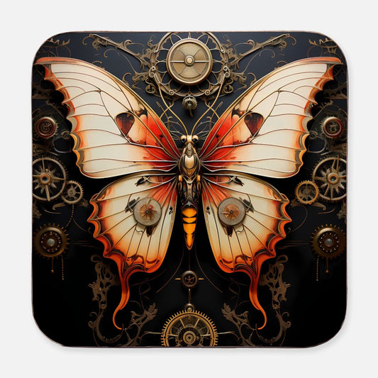 Steampunk butterfly coaster with orange floral accents - square hardboard