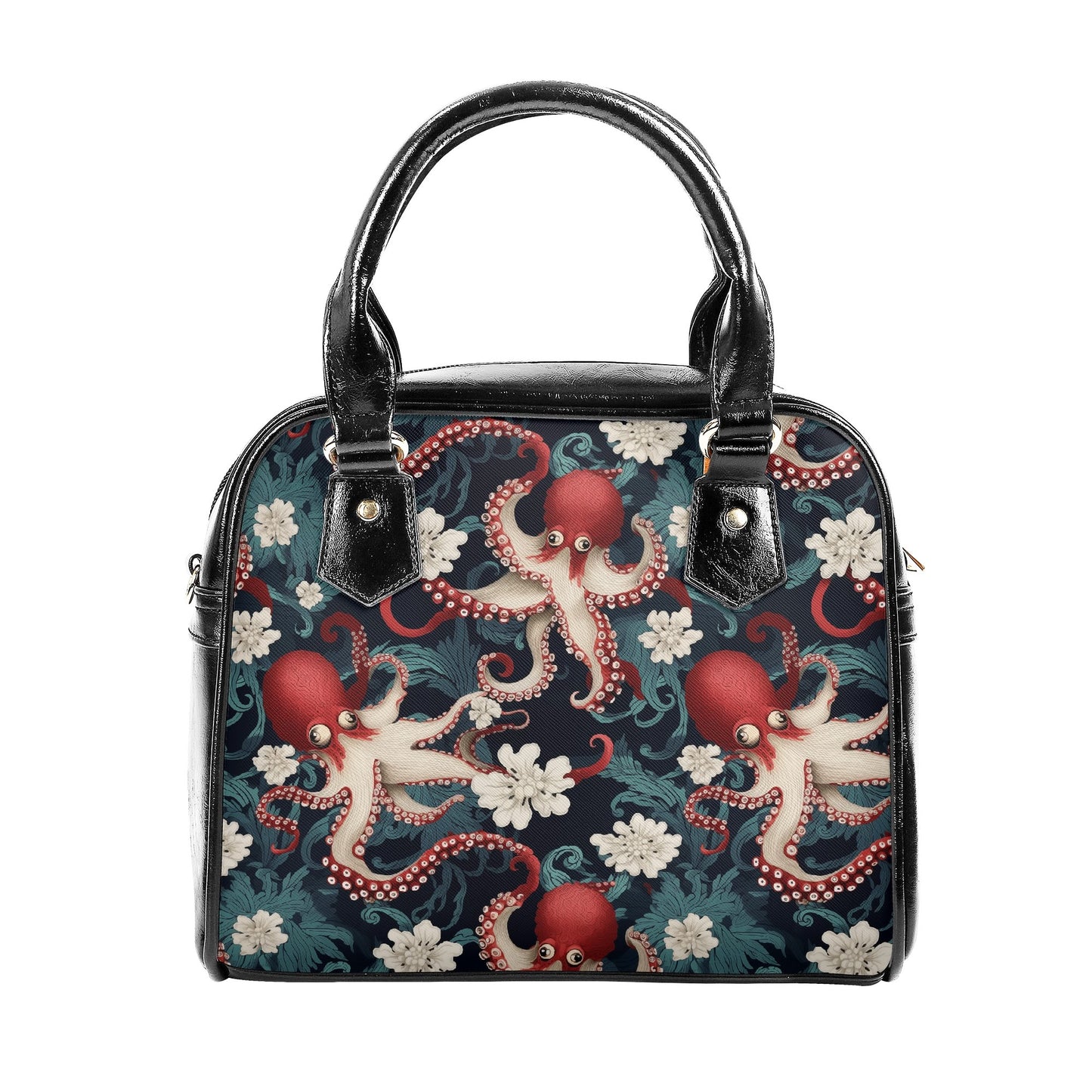 Octopus floral handbag with red octopuses, white blossoms, and teal waves on a navy background