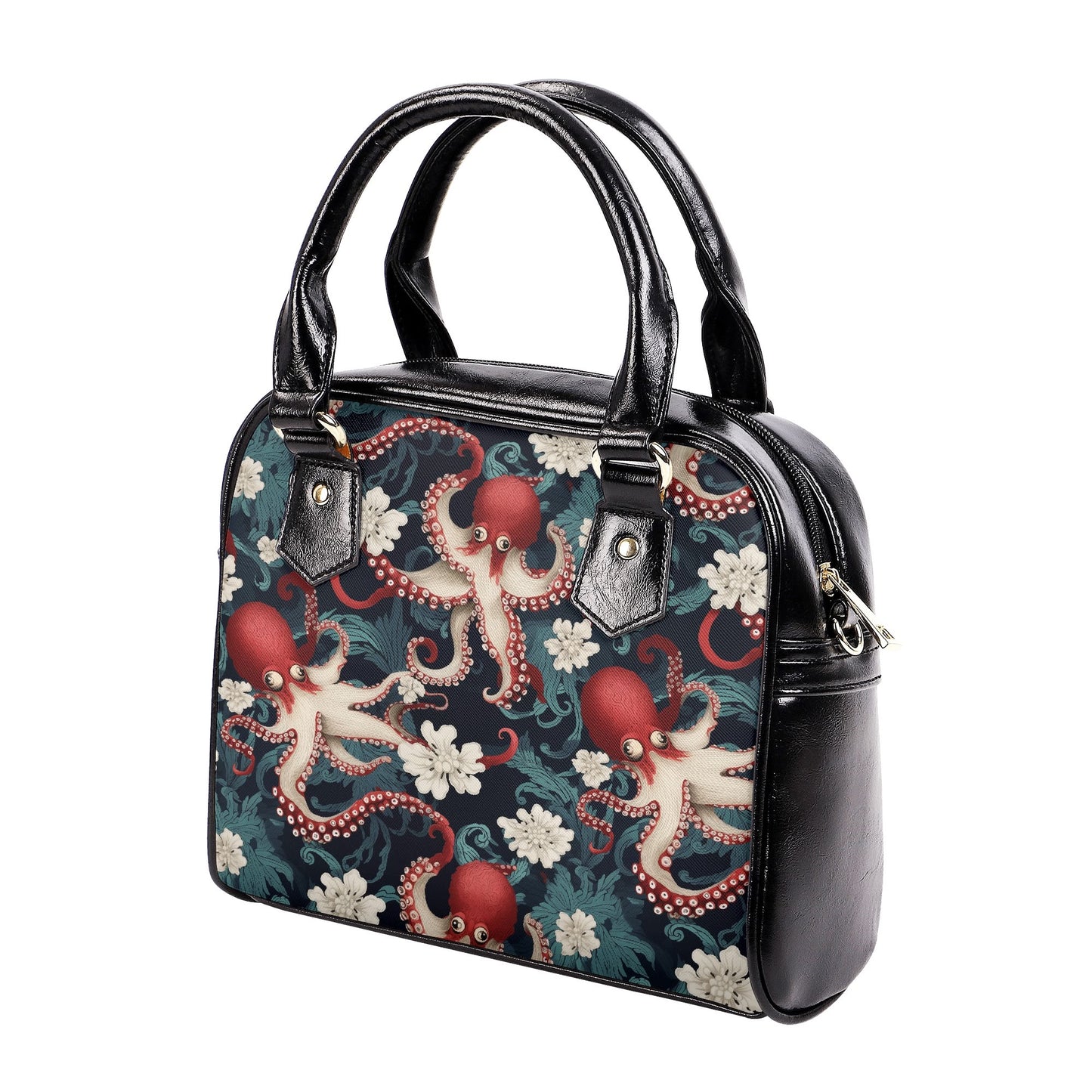 Japanese-inspired octopus purse with repeating floral pattern and black handles