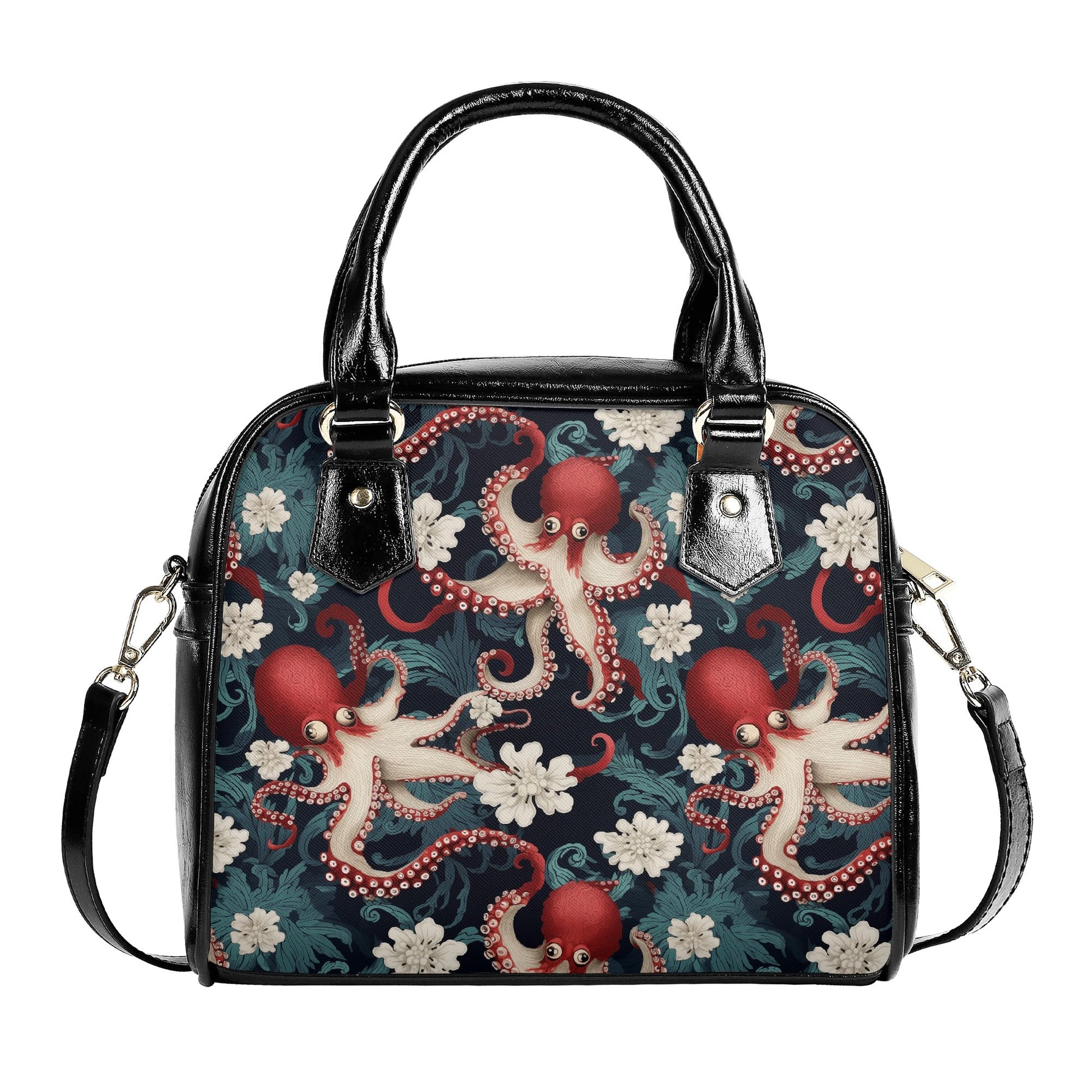 black handbag featuring whimsical octopus artwork, white flowers, and flowing wave details