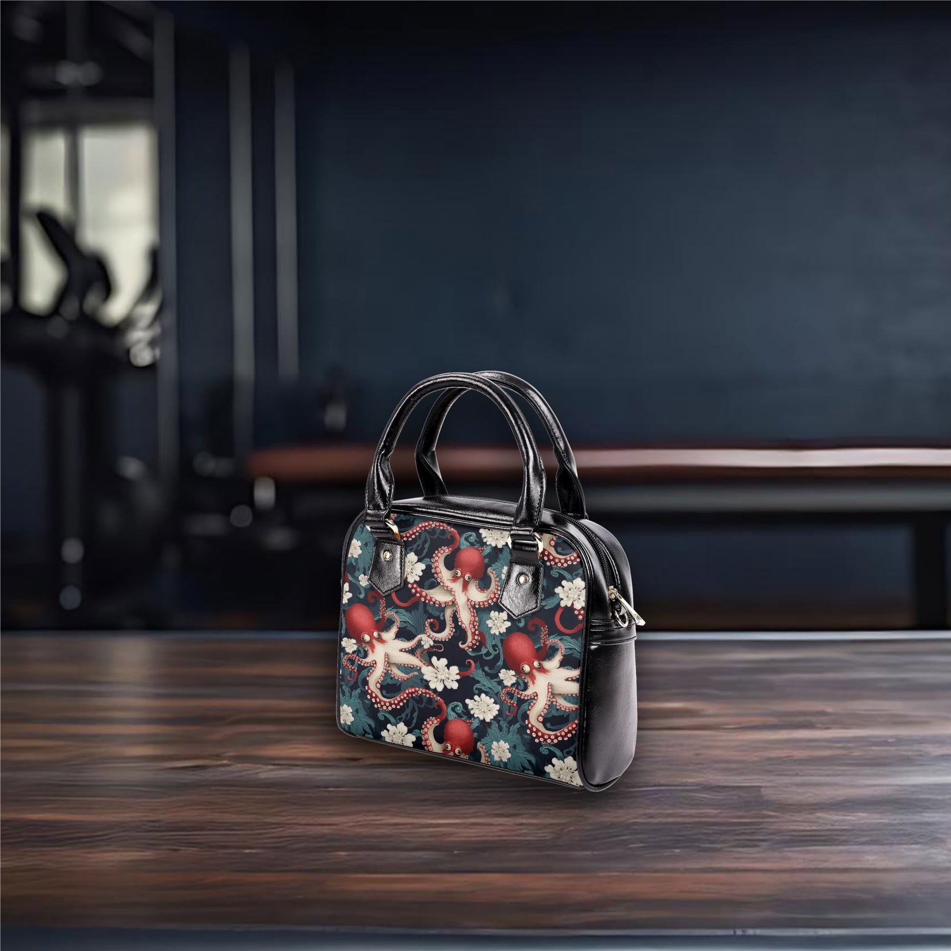 Ukiyo-e style octopus floral shoulder bag with red tentacles and ivory blossoms