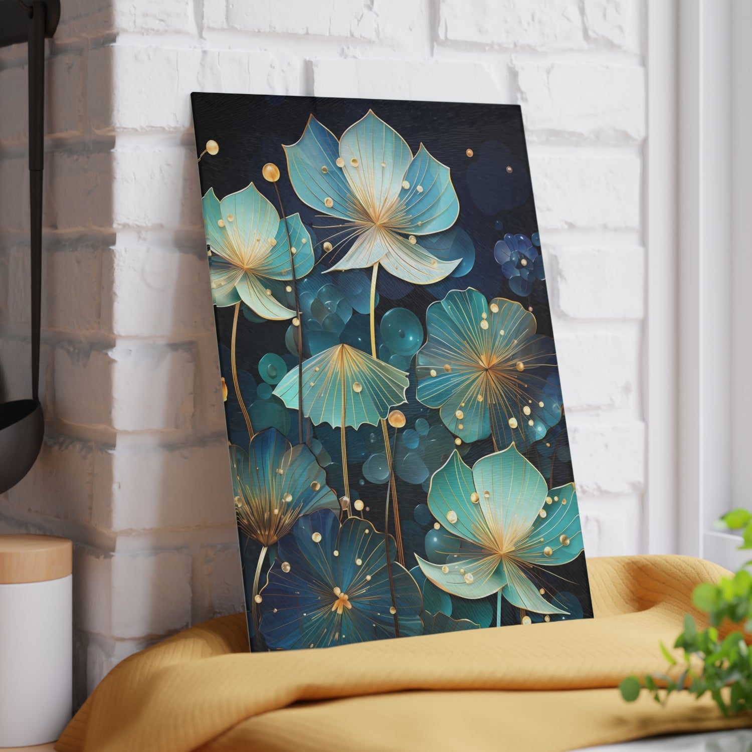 Glowing Lotus Cutting Board – Deep Sea Blue and Gold Kitchen Art - Small 8 x 11 inches