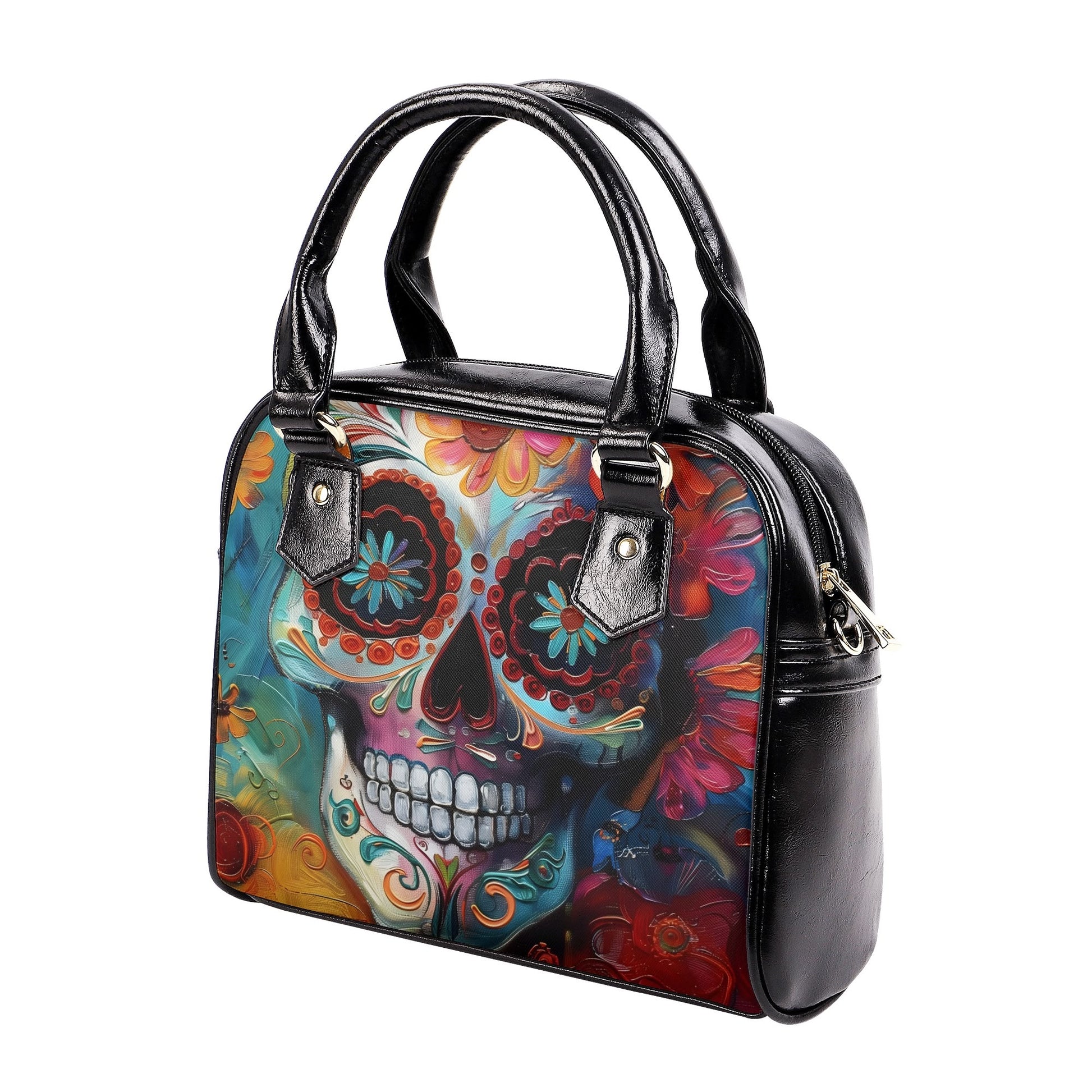 Back view of the vibrant sugar skull handbag without a strap, highlighting bold floral skull artwork.