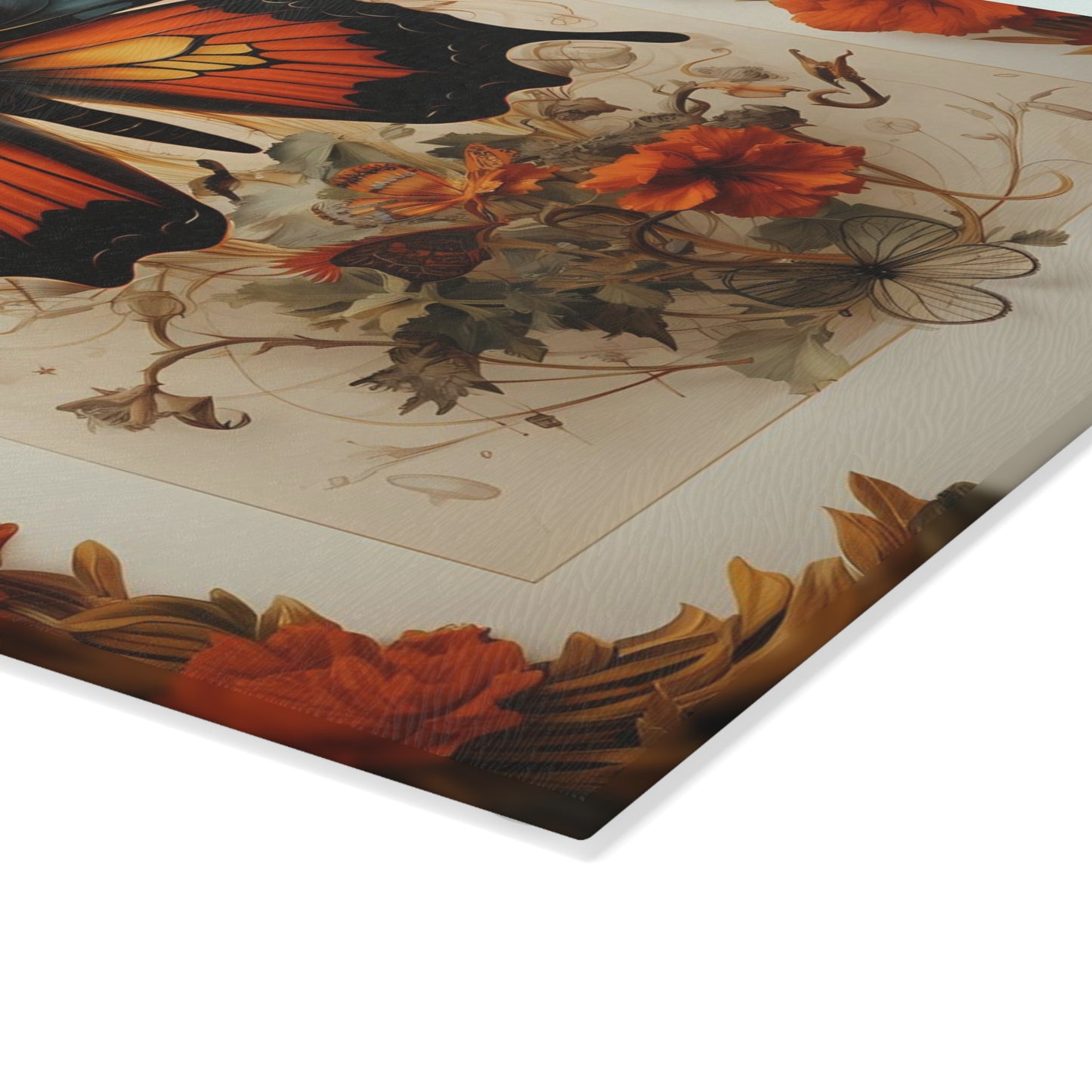 Close up of Tempered Glass Cutting Board with Victorian-Inspired Design showing whorled texture - Large size is .31 inches thick.