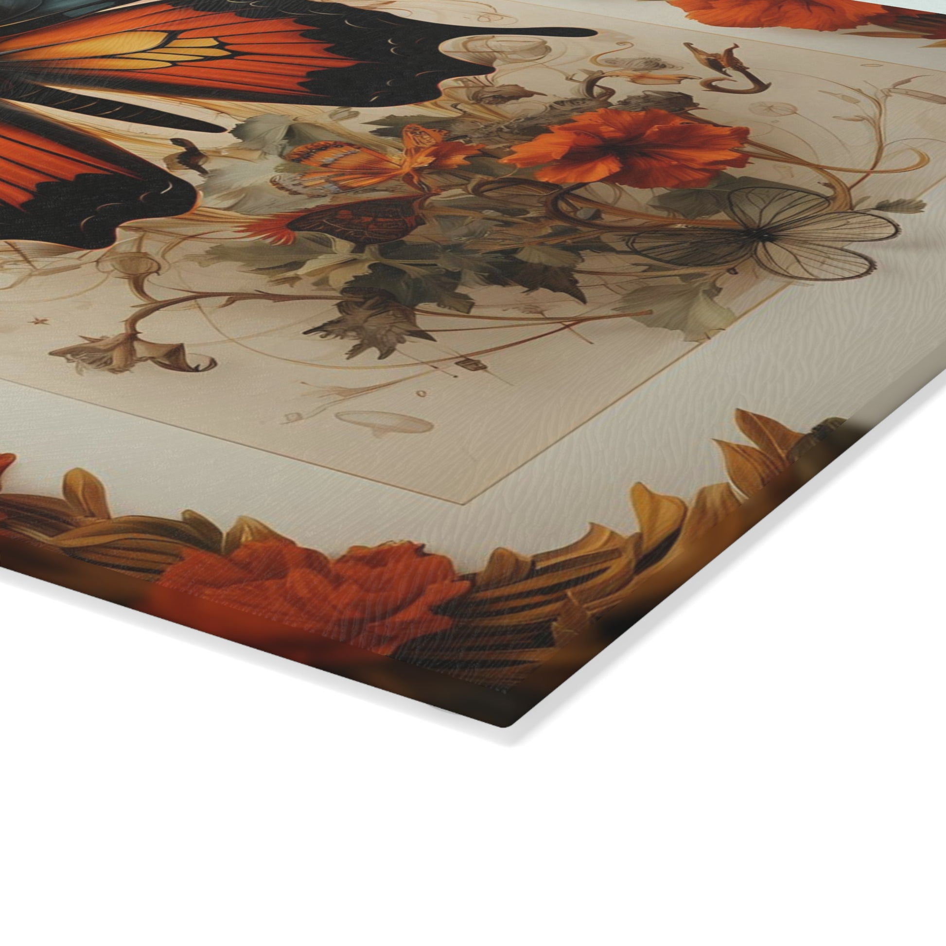 Close up of Tempered Glass Cutting Board with Victorian-Inspired Design showing whorled texture - Large size is .31 inches thick.