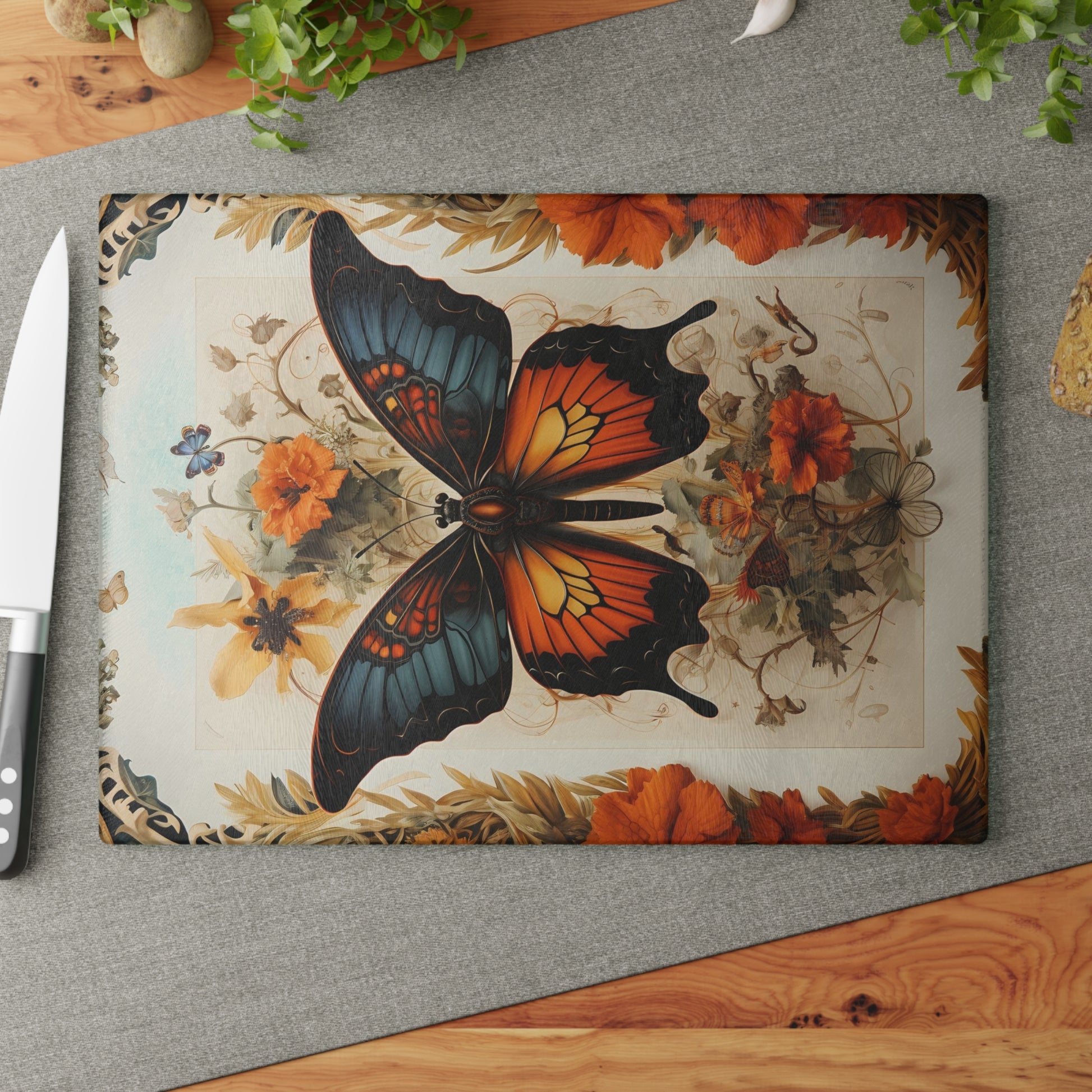 Butterfly & Botanical Serving Board – Rustic Chic Home Accent - Large 11 x 15 Inches