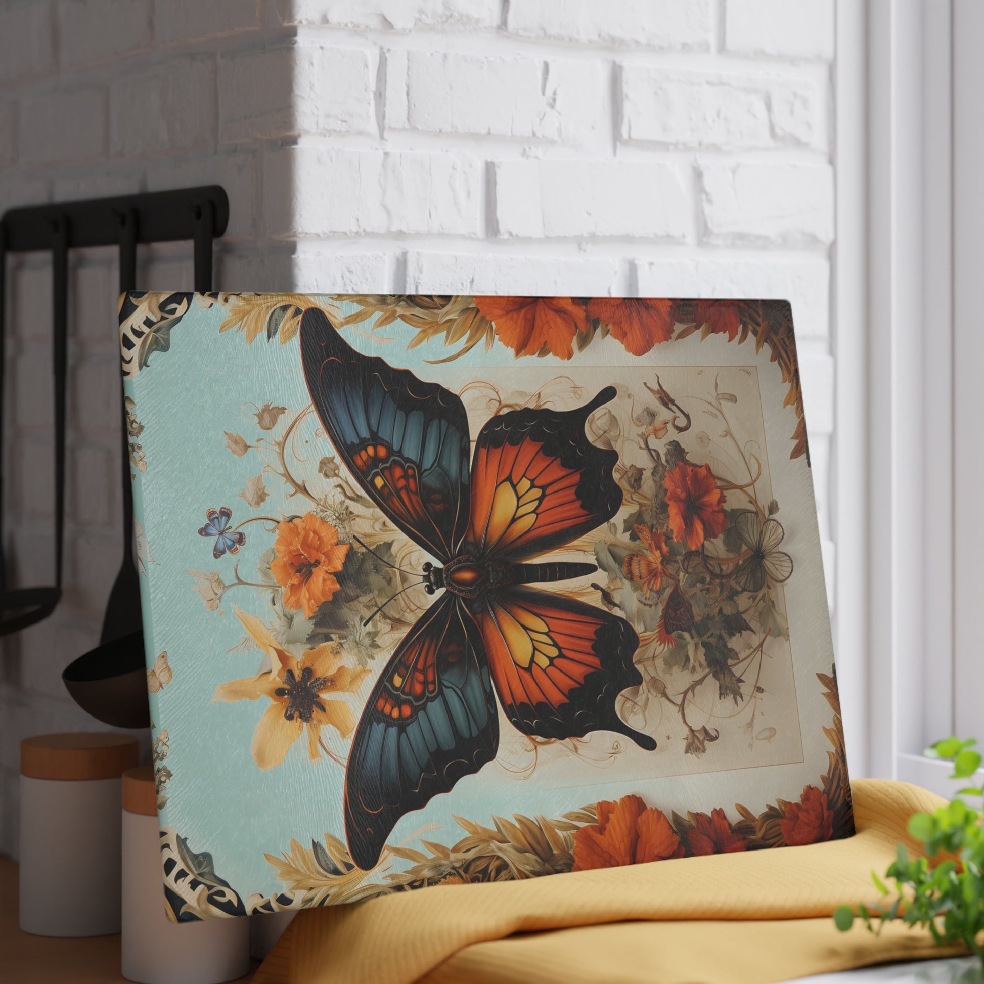 Butterfly & Botanical Serving Board – Rustic Chic Home Accent - Large Size: 11" x 15"