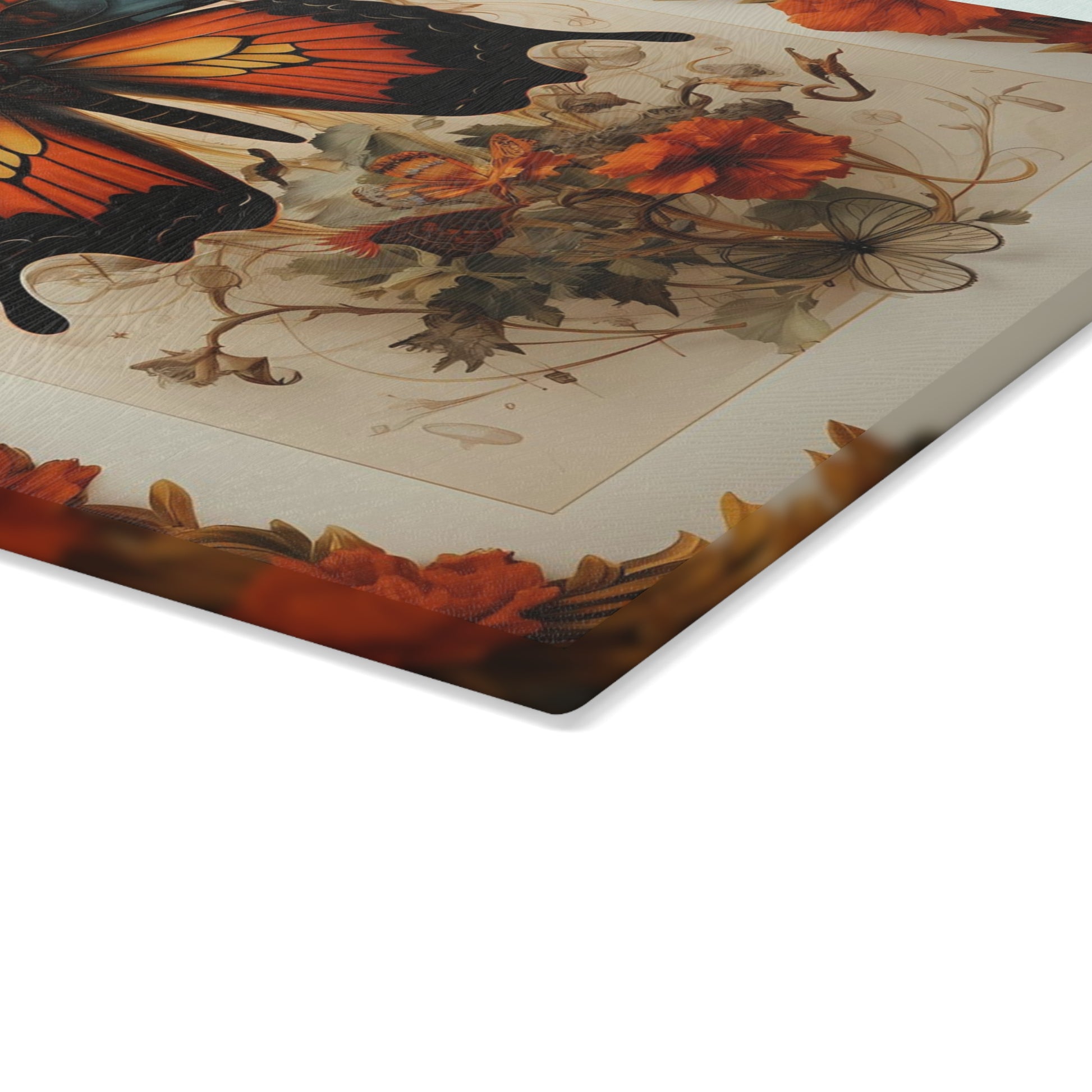 Close up of Tempered Glass Cutting Board with Victorian-Inspired Design - Small size is .24 inches thick.