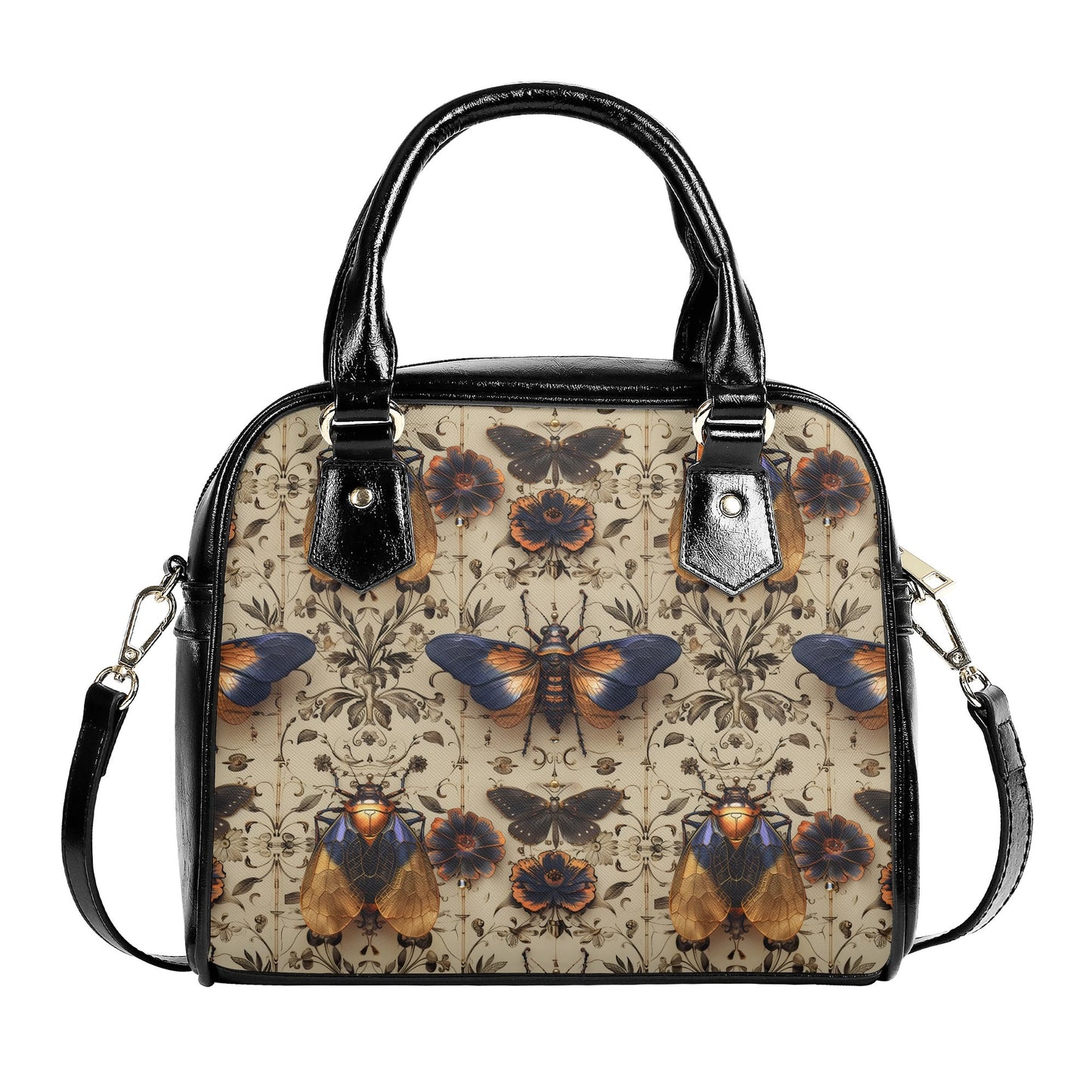 A handbag with a floral and moth print, featuring a vegan leather construction, dual carrying options with handles and a detachable shoulder strap, and a vintage-inspired design.
