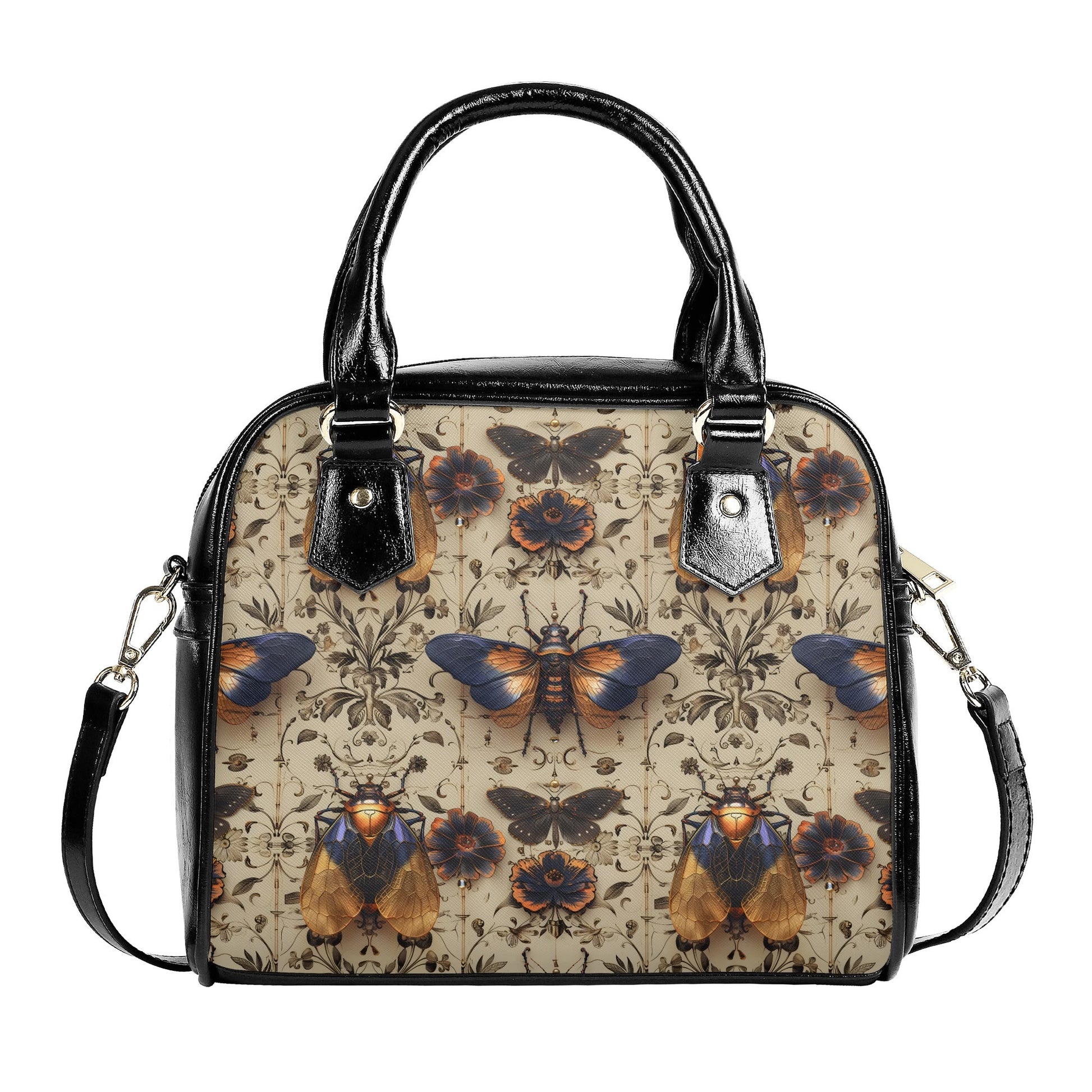 A handbag with a floral and moth print, featuring a vegan leather construction, dual carrying options with handles and a detachable shoulder strap, and a vintage-inspired design.
