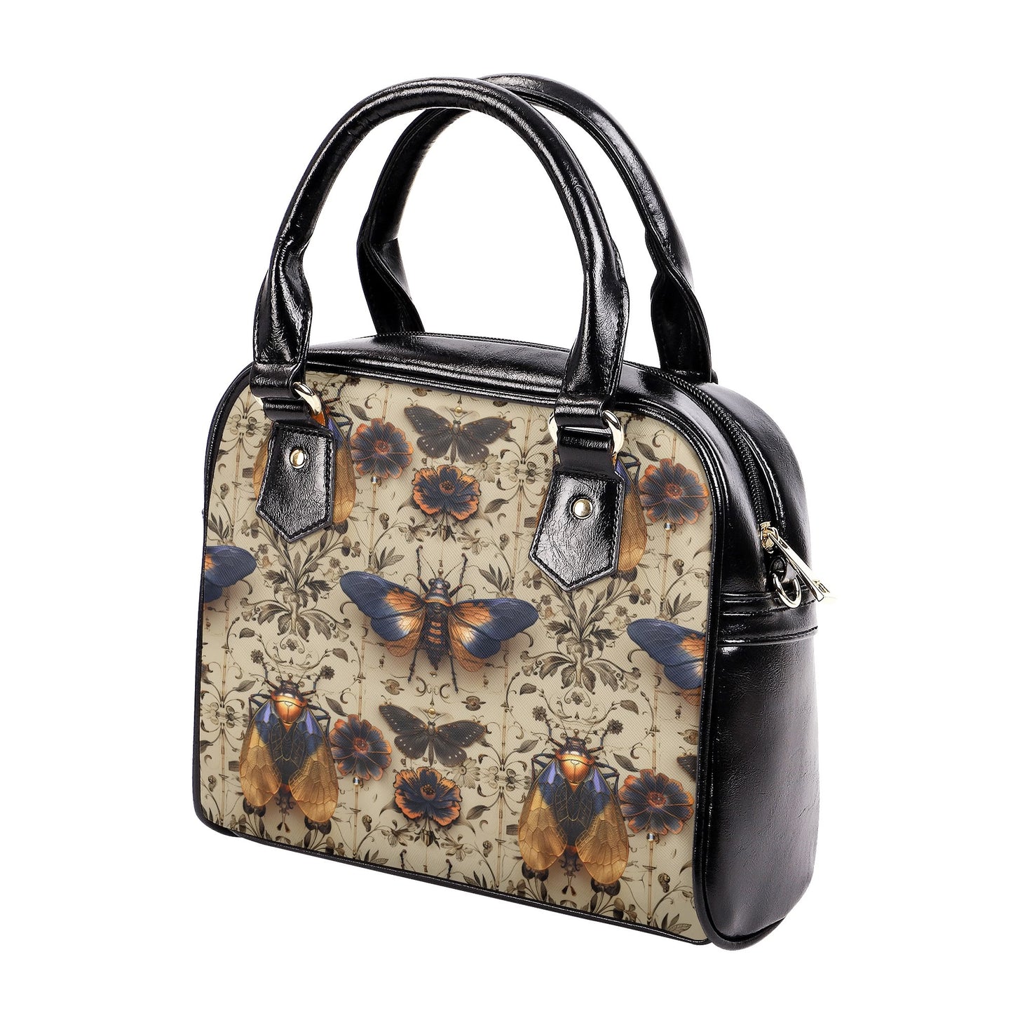 Vintage style botanical entomology artwork on a pu leather handbag.