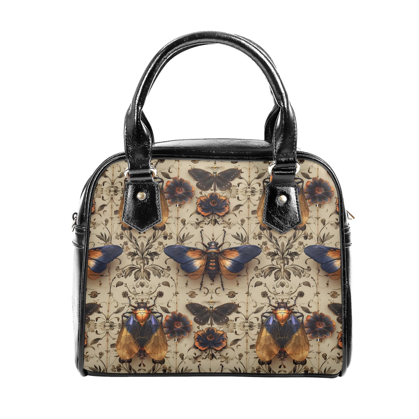 A handbag with a floral and moth print, featuring a vegan leather construction, dual carrying options with handles and a detachable shoulder strap, and a vintage-inspired design.