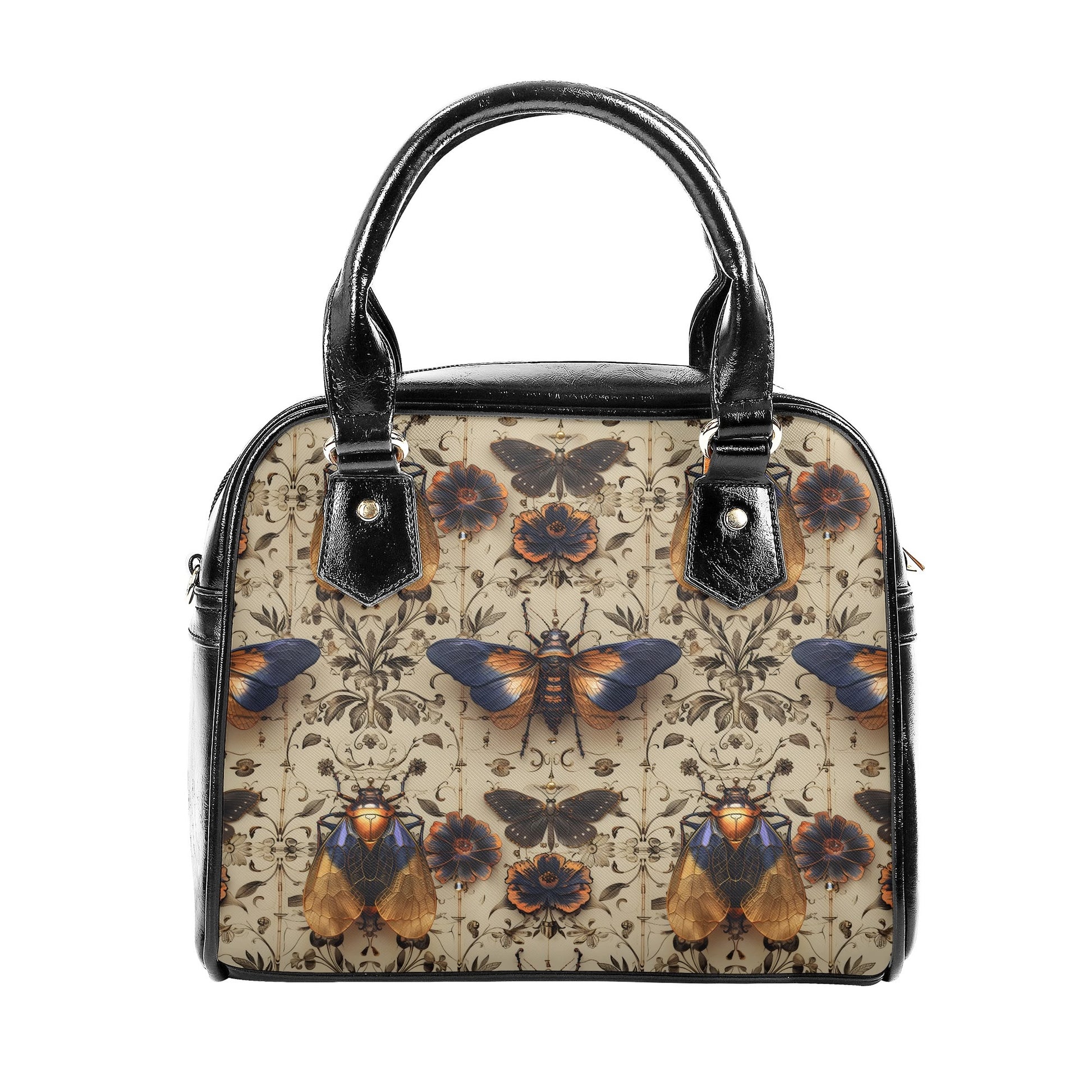 A handbag with a floral and moth print, featuring a vegan leather construction, dual carrying options with handles and a detachable shoulder strap, and a vintage-inspired design.