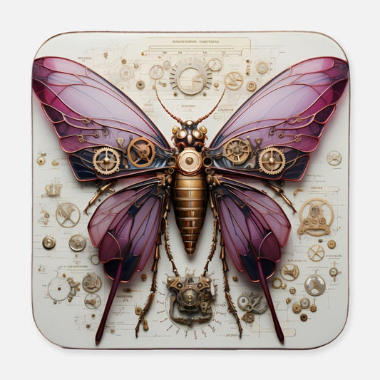 Unique steampunk butterfly coaster displaying a vintage-style pink and purple robotic butterfly with intricate brass detailing.