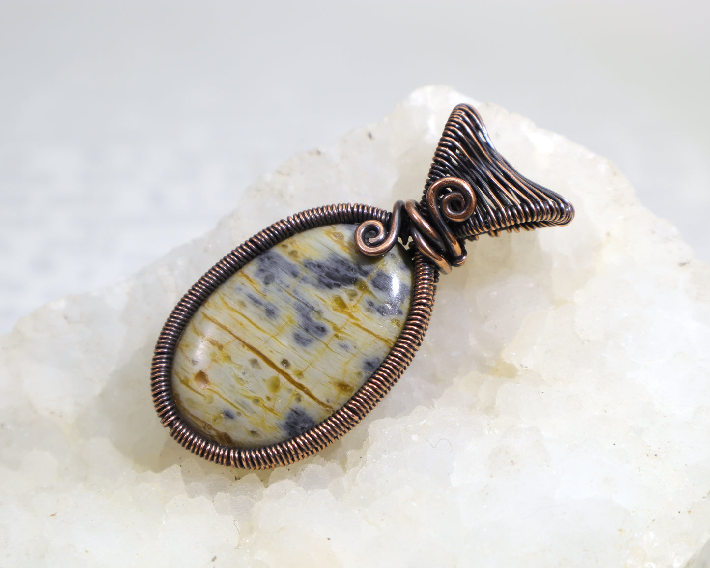 Washington State green jasper pendant wire wrapped in pure copper