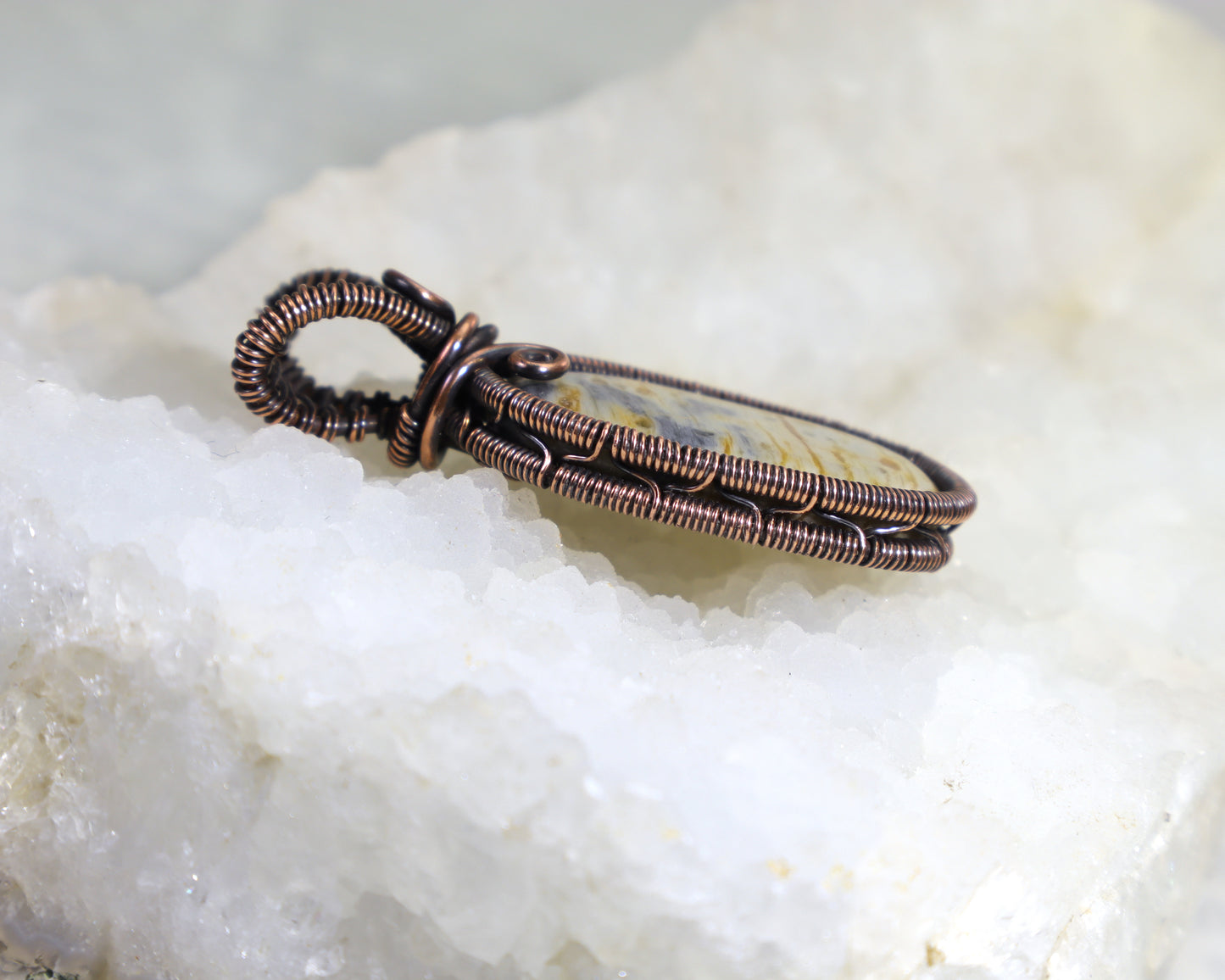 Rustic gemstone pendant crafted from Washington beach jasper and copper wire