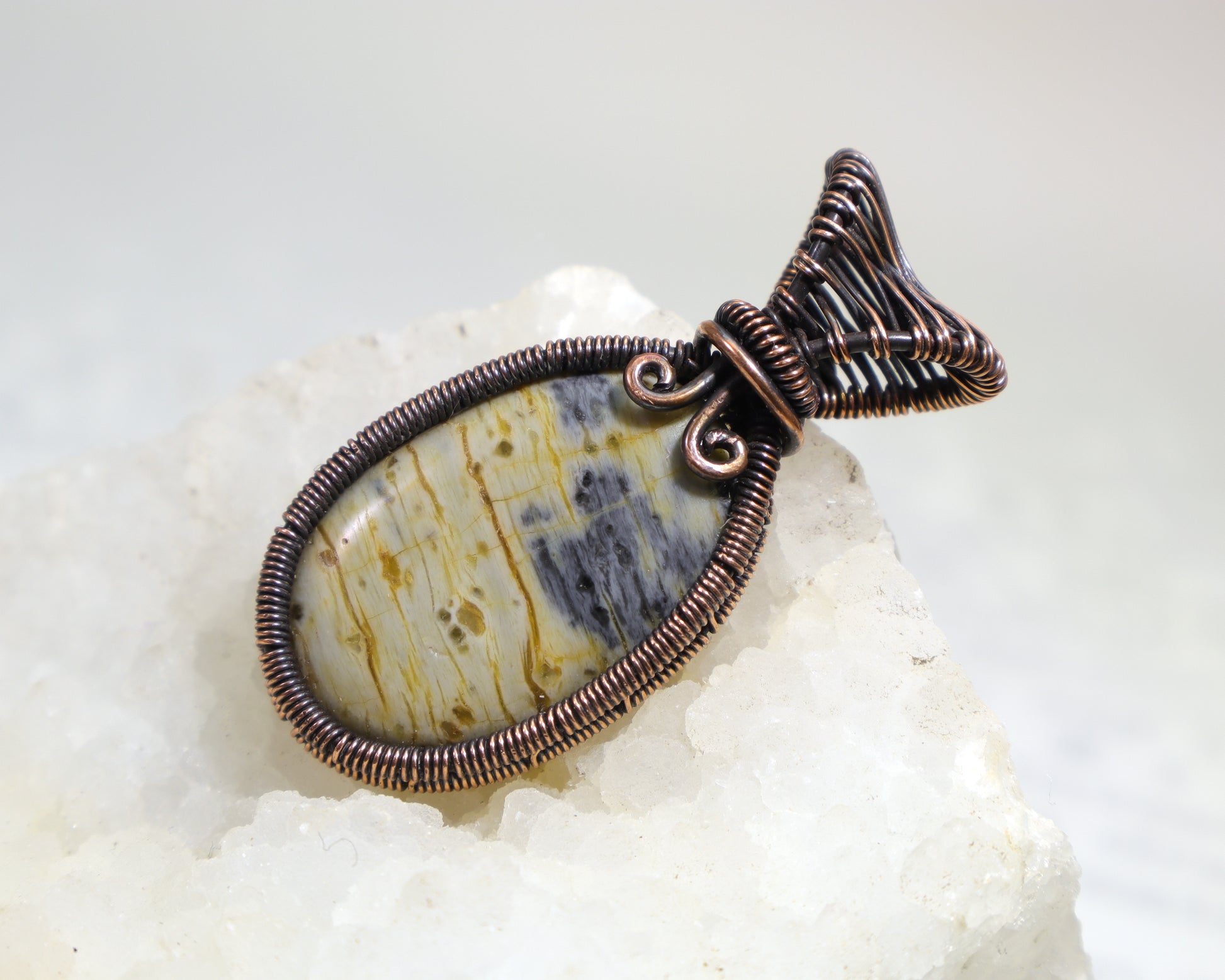 Wire wrapped green jasper necklace pendant handmade by Jennifer Shipley