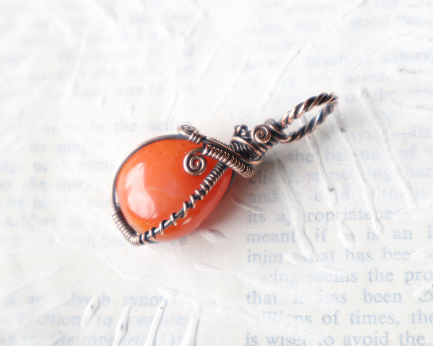 Natural orange carnelian gemstone necklace with copper wirework