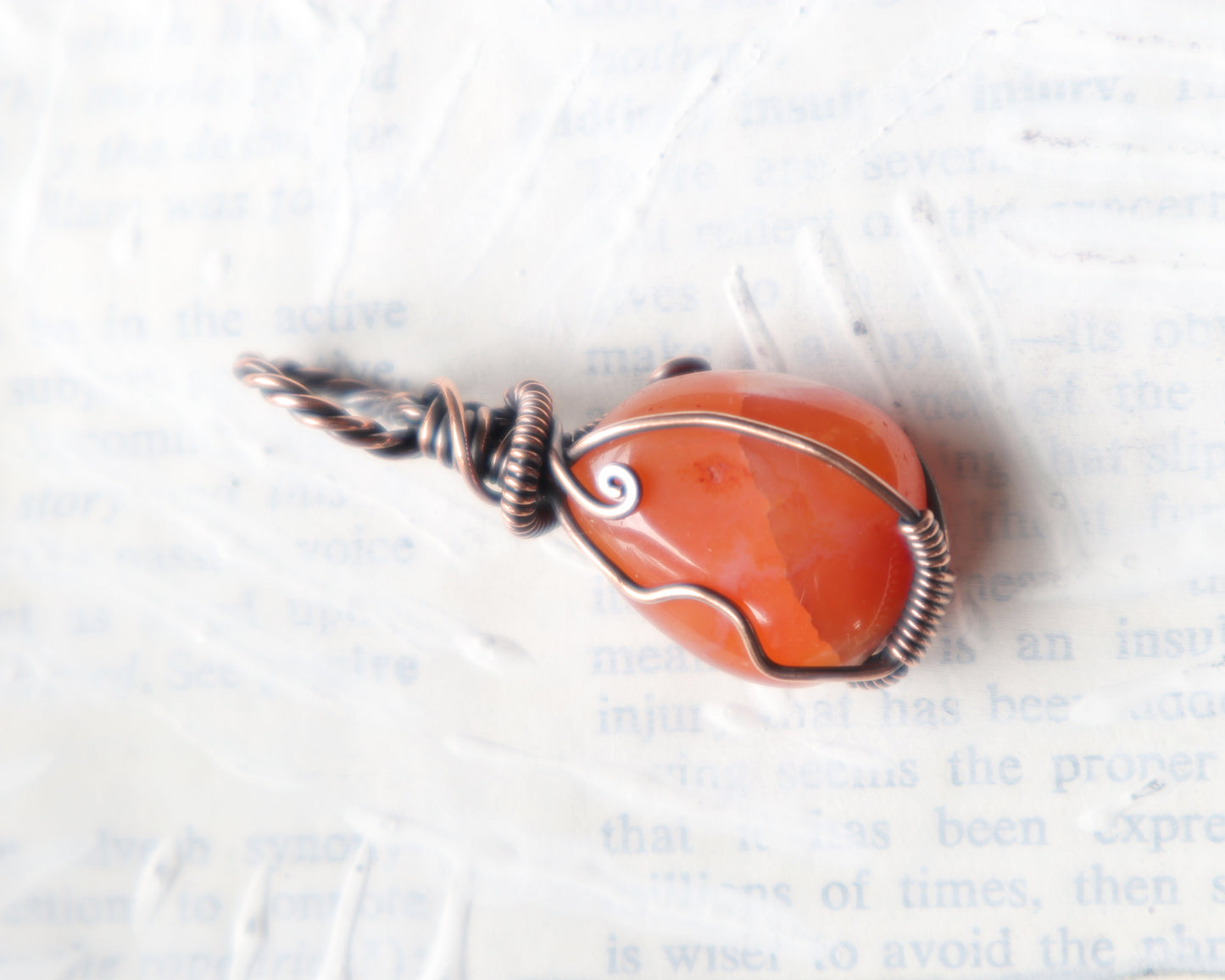 Orange chalcedony gemstone pendant with antiqued copper finish